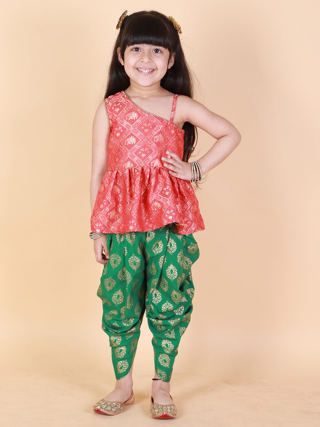 

Twisha Girls Printed One Shoulder Top with Dhoti Pants, Red