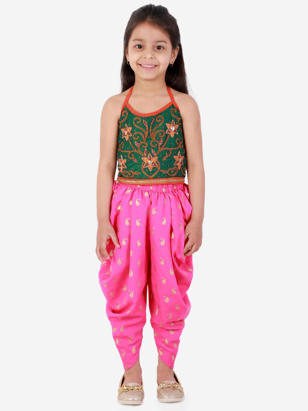 

Twisha Girls Embellished Halter Neck Top with Dhoti Pants, Green