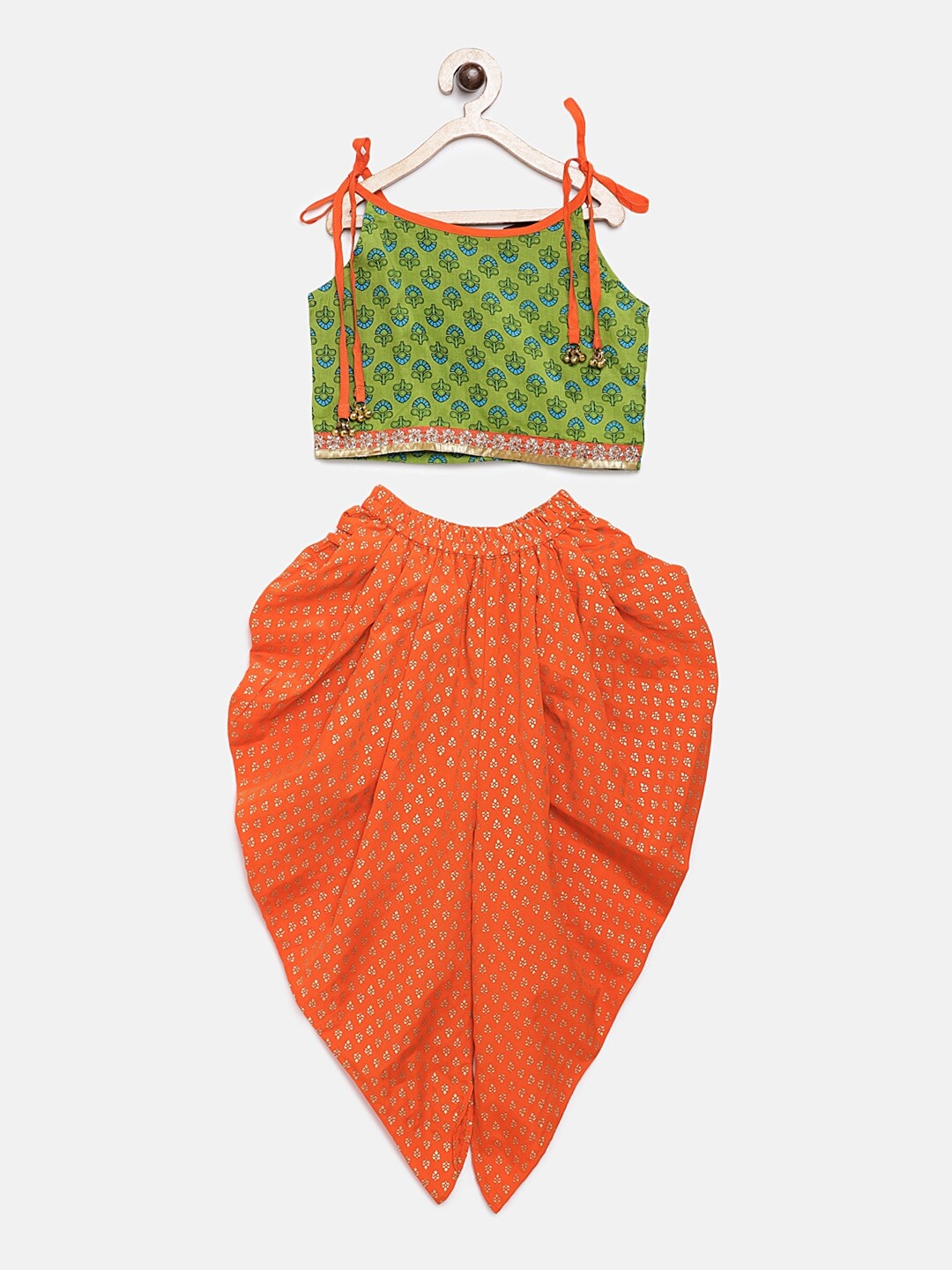 

Twisha Girls Printed Shoulder Straps Top with Dhoti Pants, Green