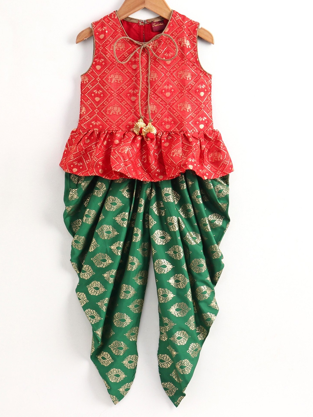 

Twisha Girls Self Design Top with Dhoti Pants, Red