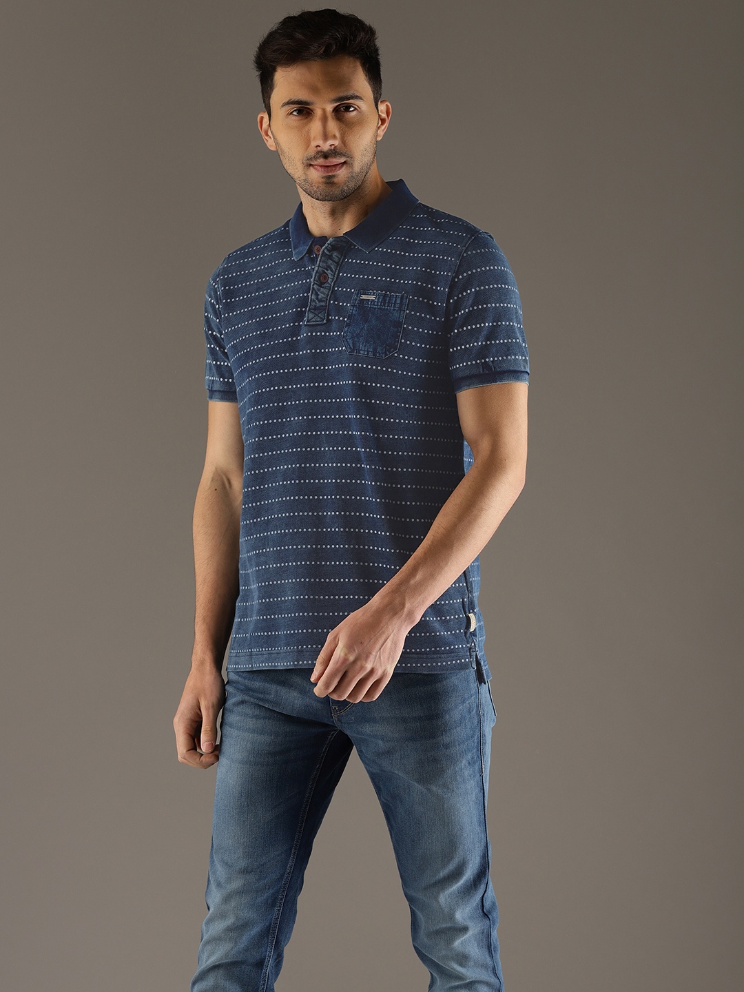 

Flying Machine Men Blue Printed Polo Collar T-shirt
