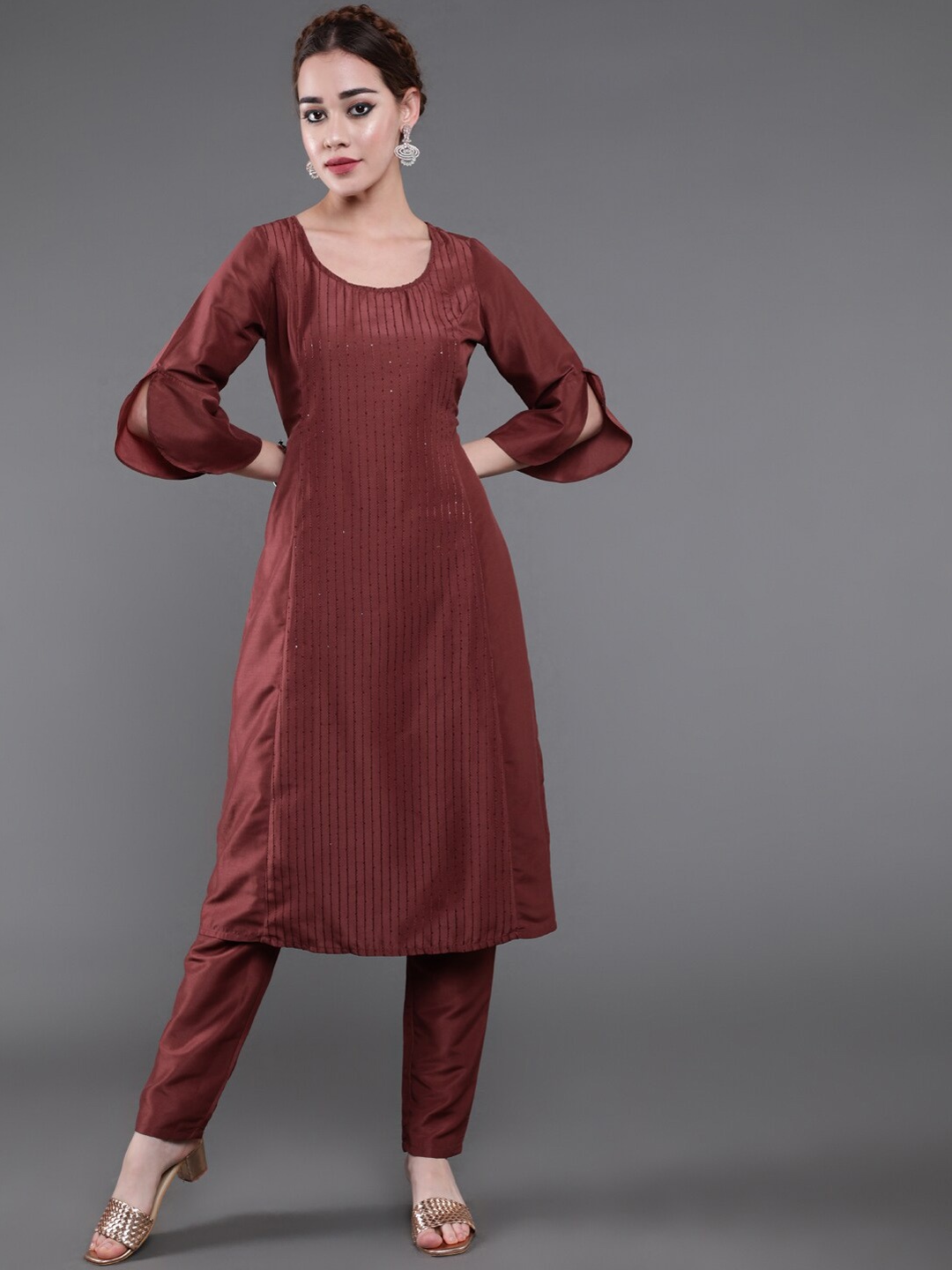 

AKS Couture Embroidered Regular Sequinned Kurta with Trousers, Rust