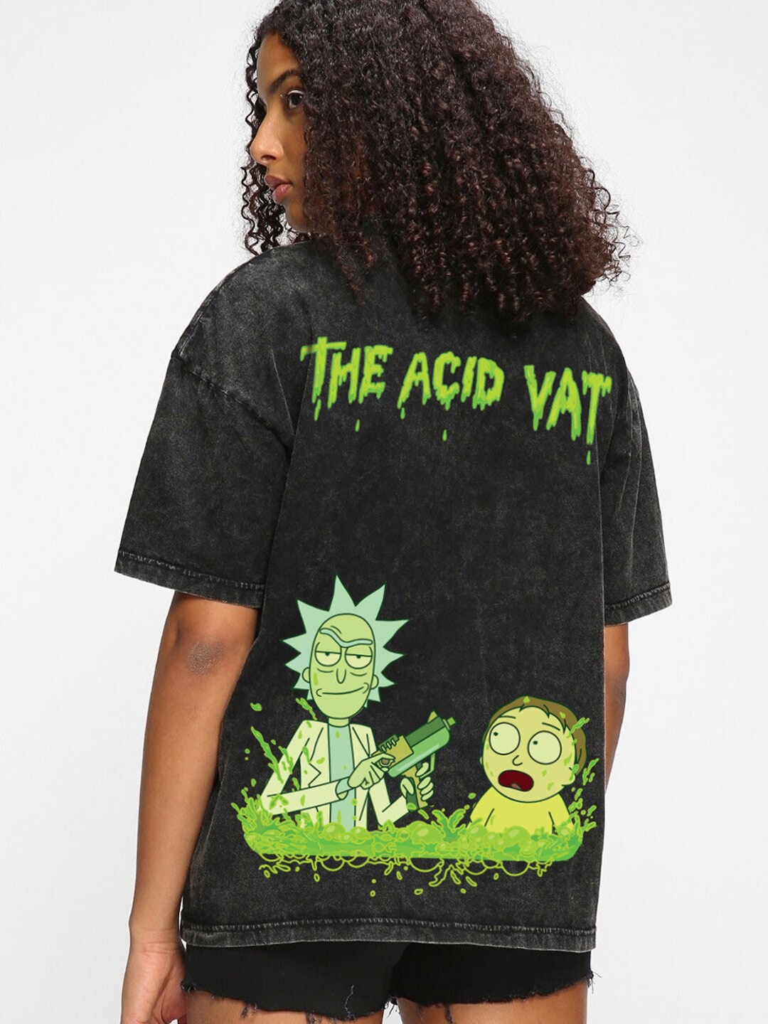 

Bewakoof Rick & Morty Printed Round Neck Cotton Oversized T-shirt, Black