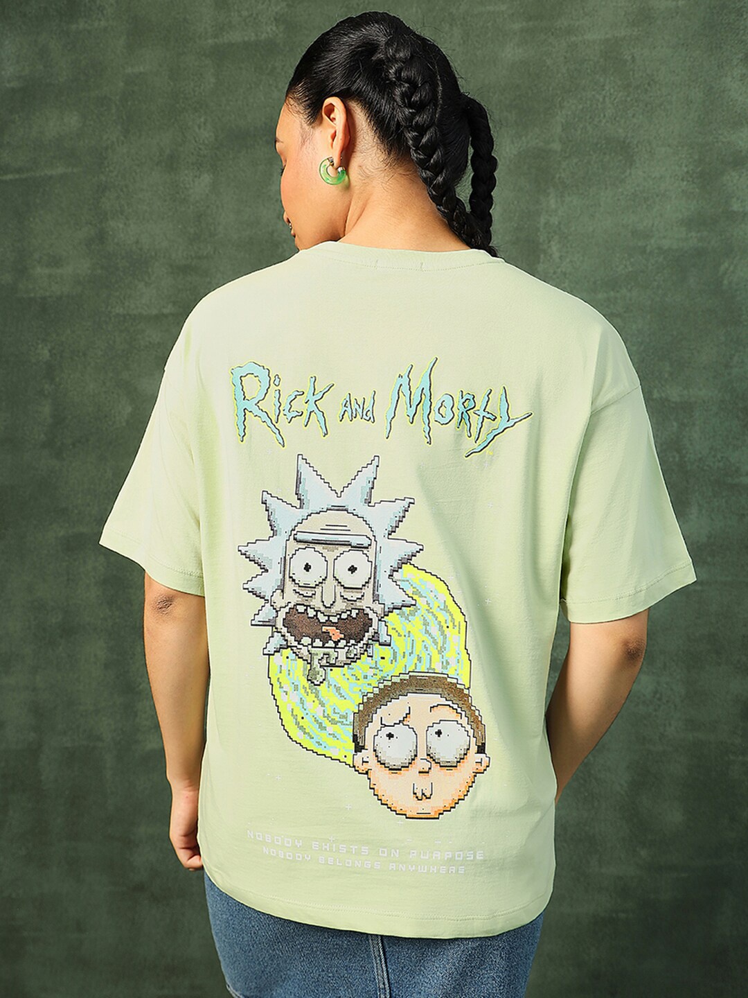 

Bewakoof Rick & Morty Printed Pure Cotton Oversized T-shirt, Green