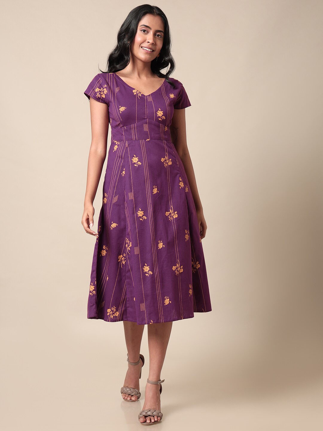 

Saaki Floral Printed V-Neck Cotton A-Line Midi Dress, Purple