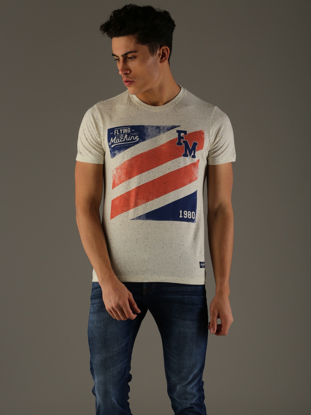 

Flying Machine Men Cream-Coloured Printed Round Neck T-shirt