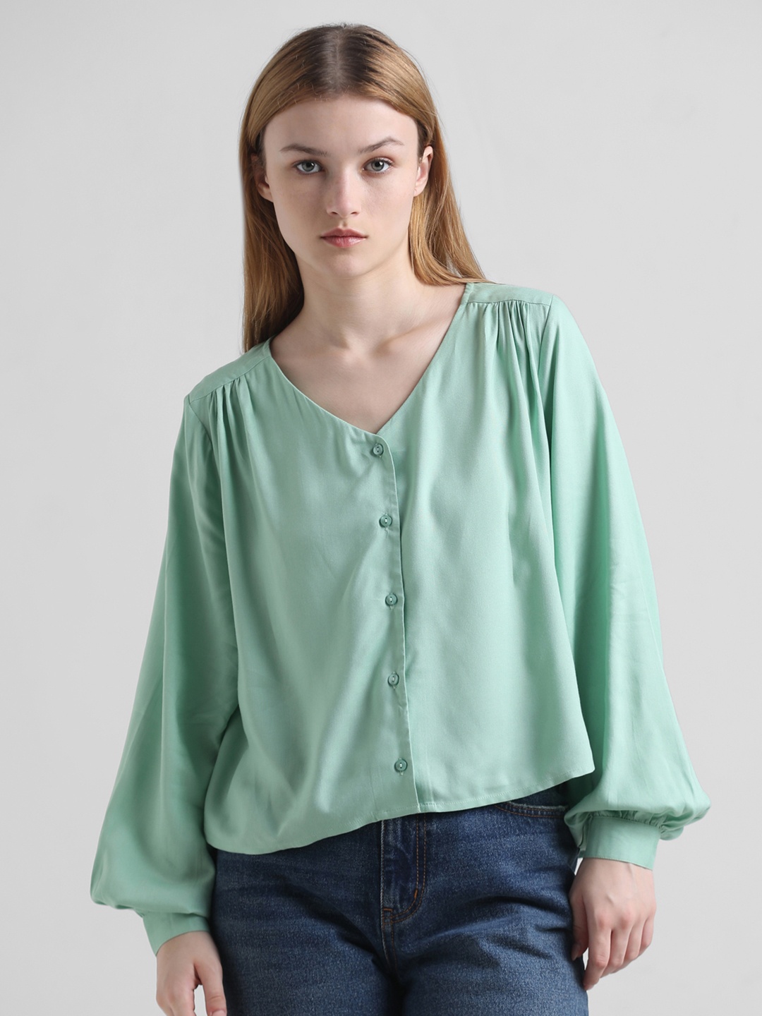 

ONLY V-Neck Puff Sleeve Top, Green