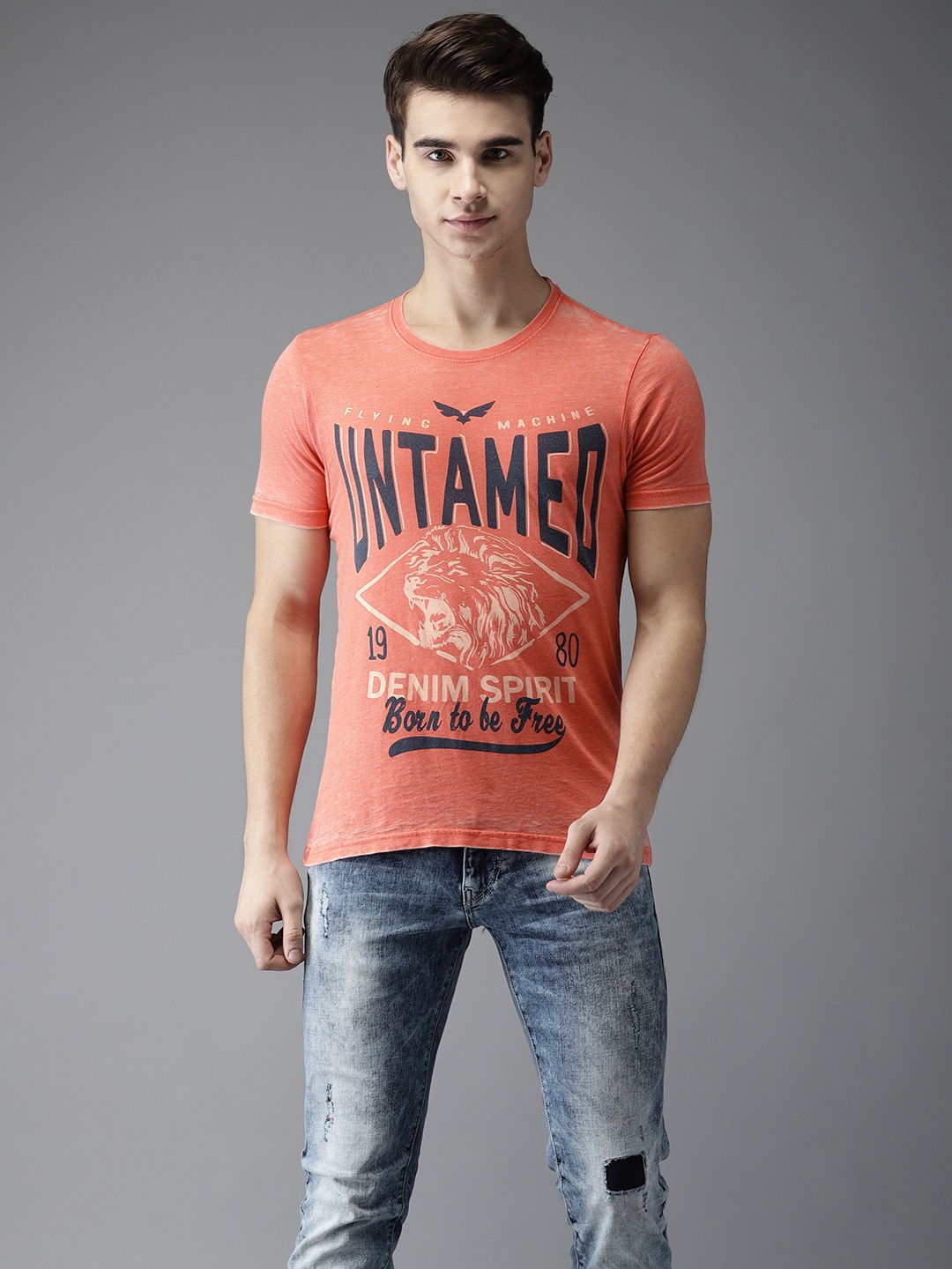 Flying Machine Men Coral-Pink Printed Round Neck T-shirt