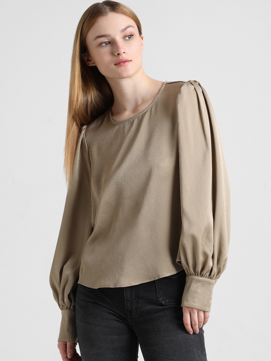 ONLY ONLJOVANA RUBY LS Puff Sleeves Sheen Top, Brown