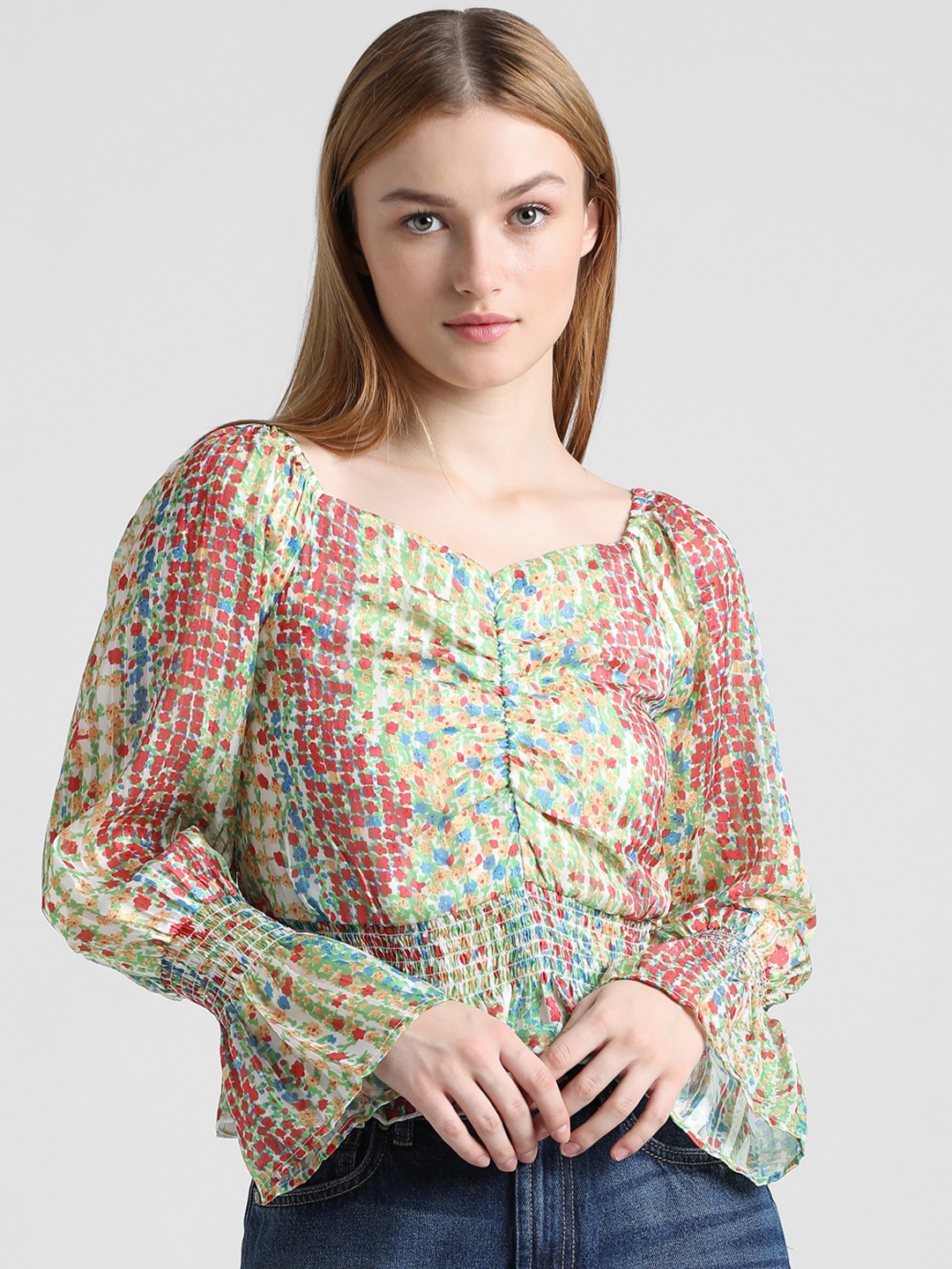 

ONLY ONLDALF SS Floral Printed Bell Sleeves Smocked Pure Cotton Top, Green