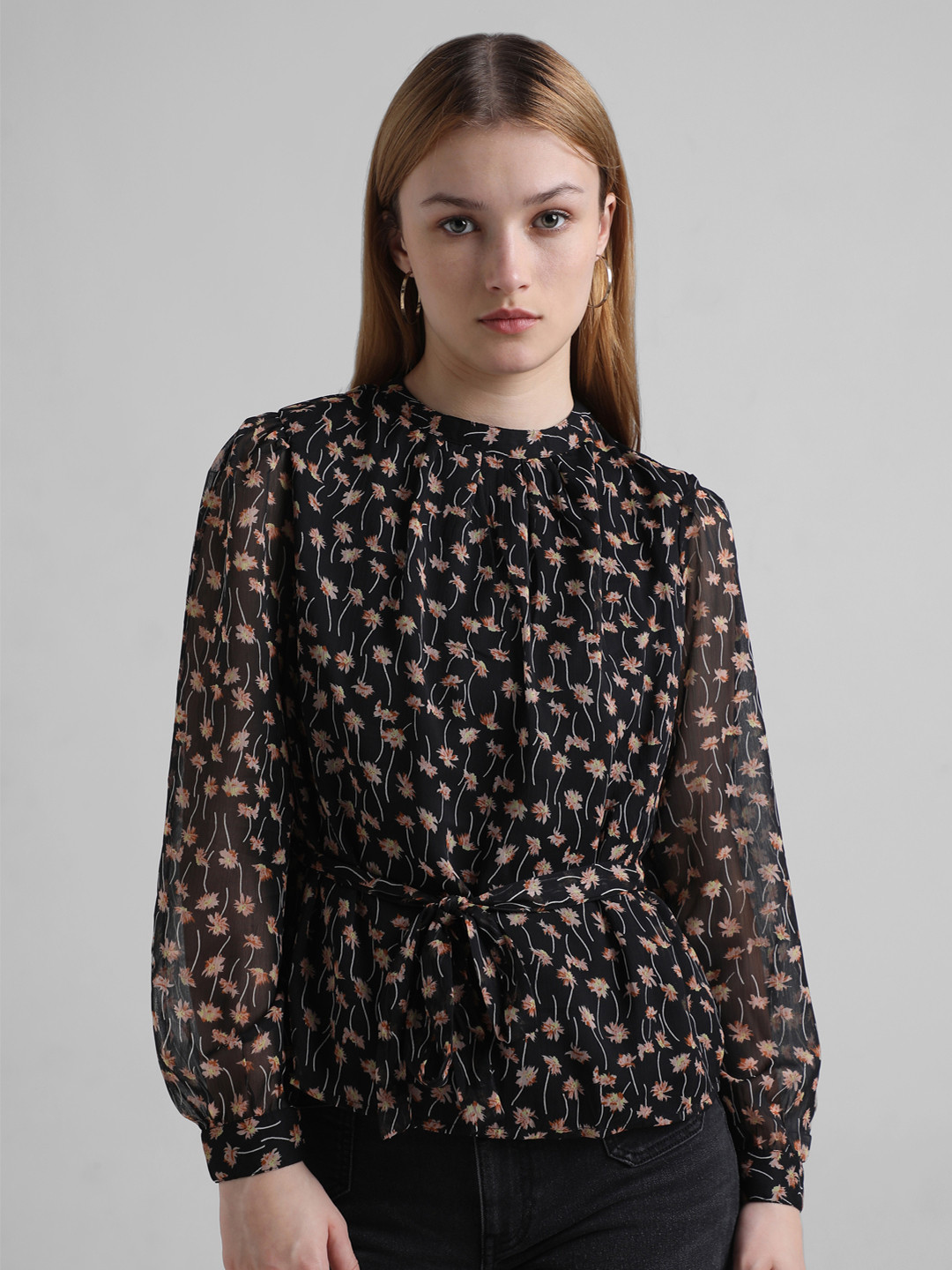 

ONLY ONLFLAME LS Floral Printed High Neck Gathered Cuffed Sleeves Belted Top, Black