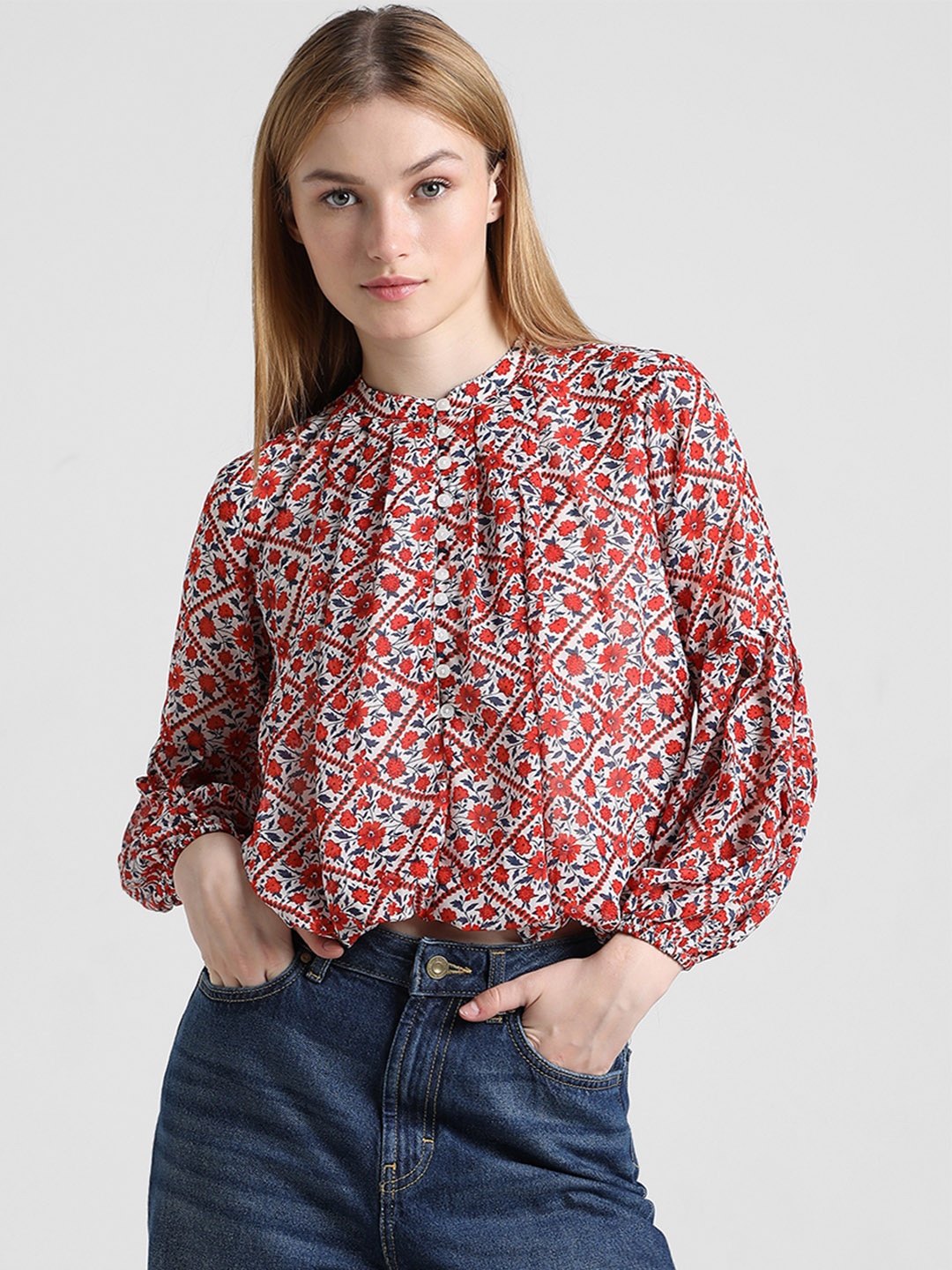 

ONLY Floral Print Tie-Up Neck Blouson Top, Multi