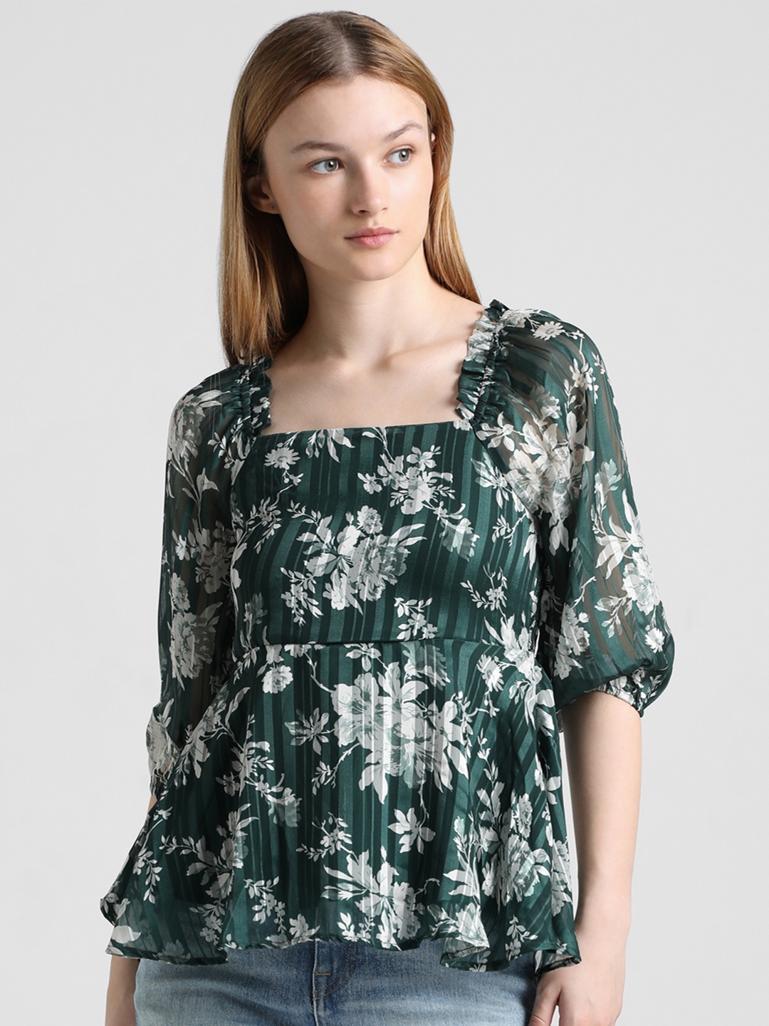 

ONLY Floral Print Puff Sleeve Cotton Top, Green