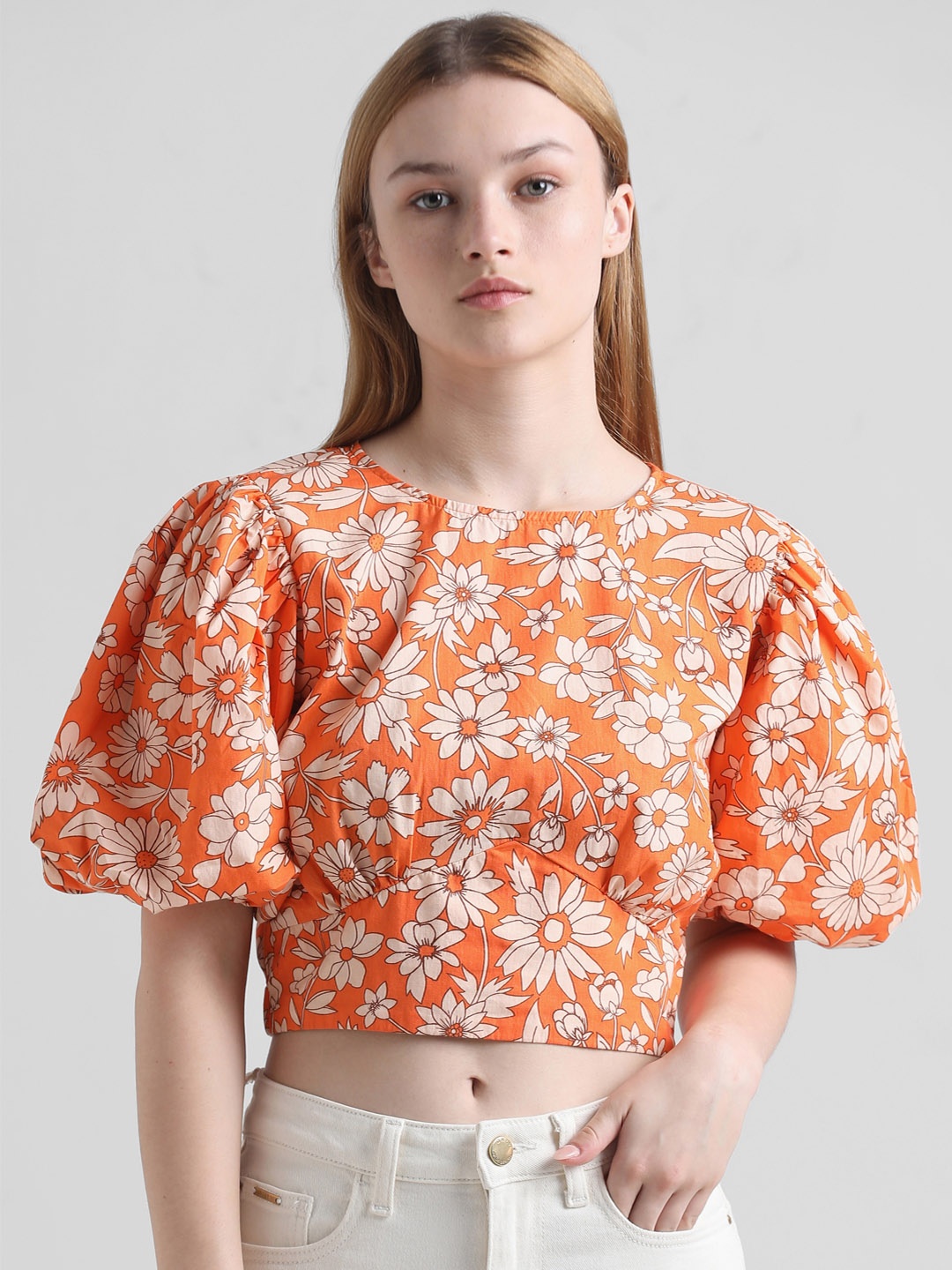 

ONLY Floral Print Flared Sleeve Cotton Crop Top, Orange