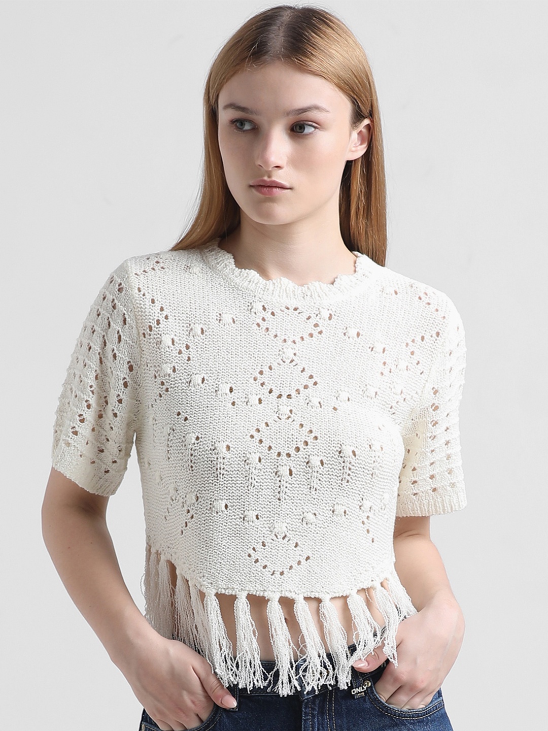 

ONLY ONLLINDA SS Self Design Knit Fringed Crop Acrylic Top, White