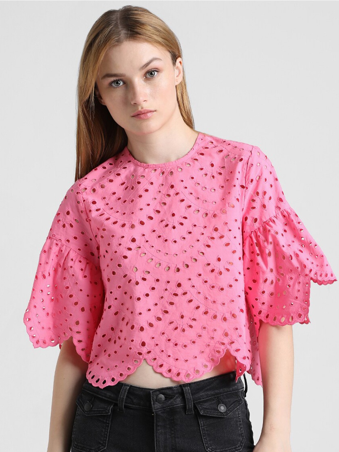 

ONLY Flared Sleeve Cotton Cape Crop Top, Pink
