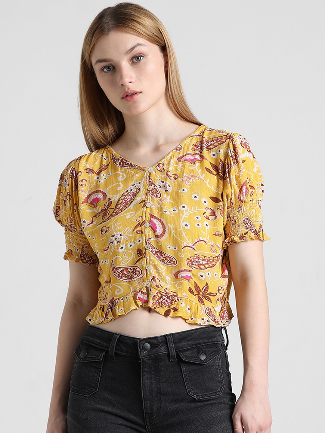ONLY Floral Print Puff Sleeve Top, Yellow