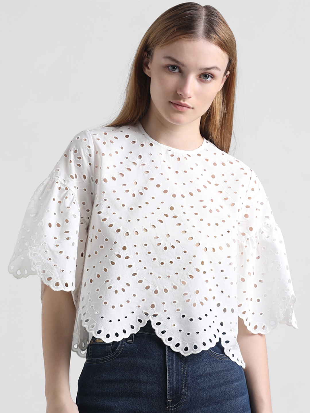 

ONLY ONLFEATHER SS Schiffli Self Design Bell Sleeves Semi Sheer Pure Cotton Top, White