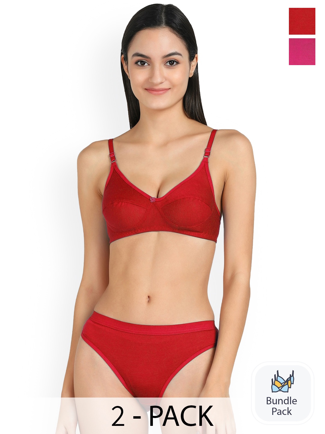 

AROUSY Pack Of 2 Non-Wired Non Padded Cotton Lingerie Set Q_Ruchi Set_PInk,Red_30