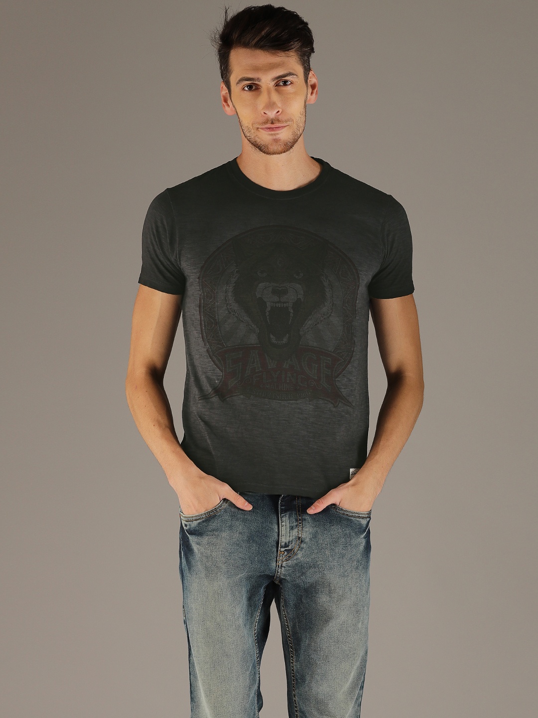 

Flying Machine Men Charcoal Grey Printed Round Neck T-shirt
