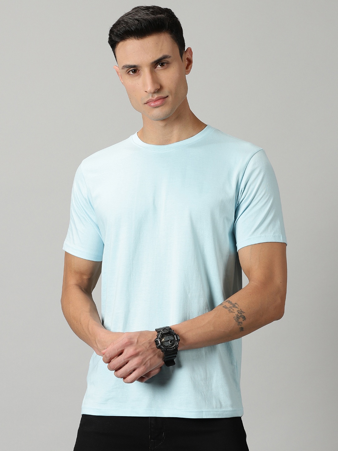

THE HOLLANDER Round Neck Short Sleeves Pure Cotton T-shirt, Blue