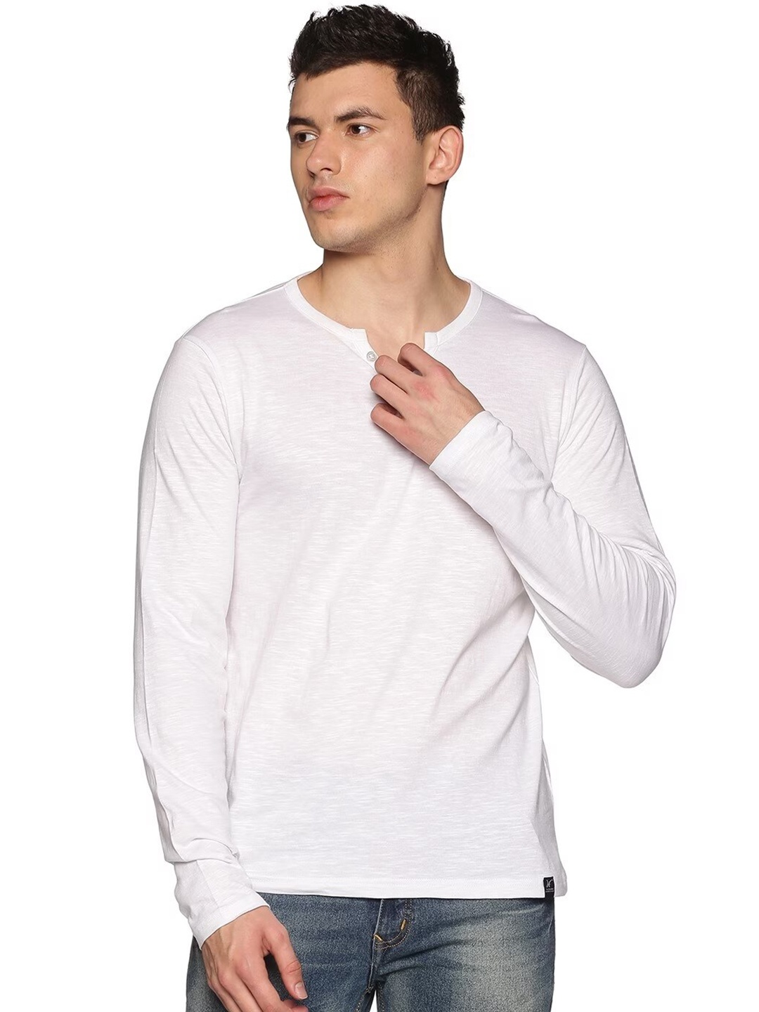 

THE HOLLANDER Henley Neck Long Sleeves Pure Cotton T-shirt, White