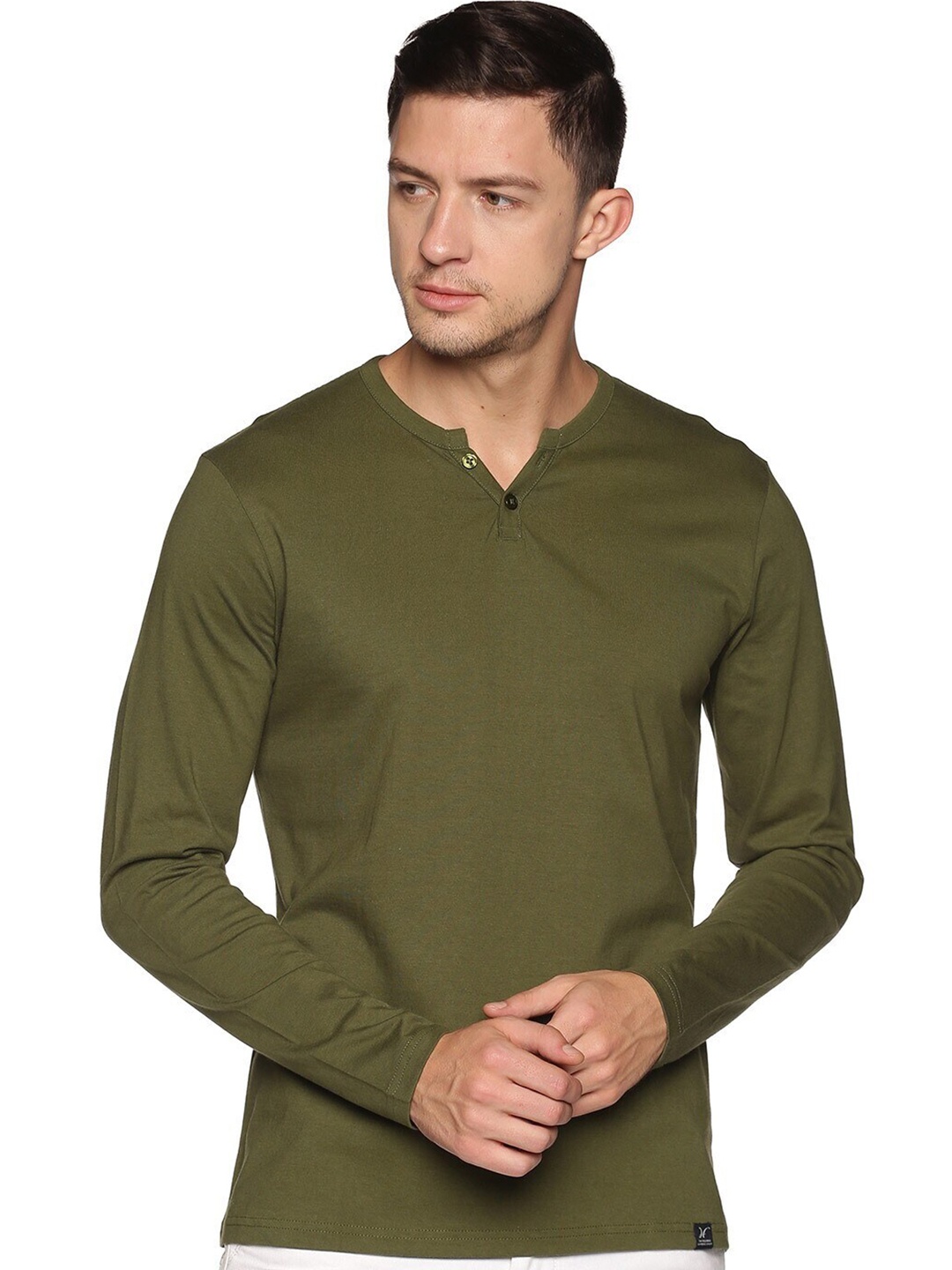 

THE HOLLANDER Henley Neck Long Sleeves Pure Cotton T-shirt, Green