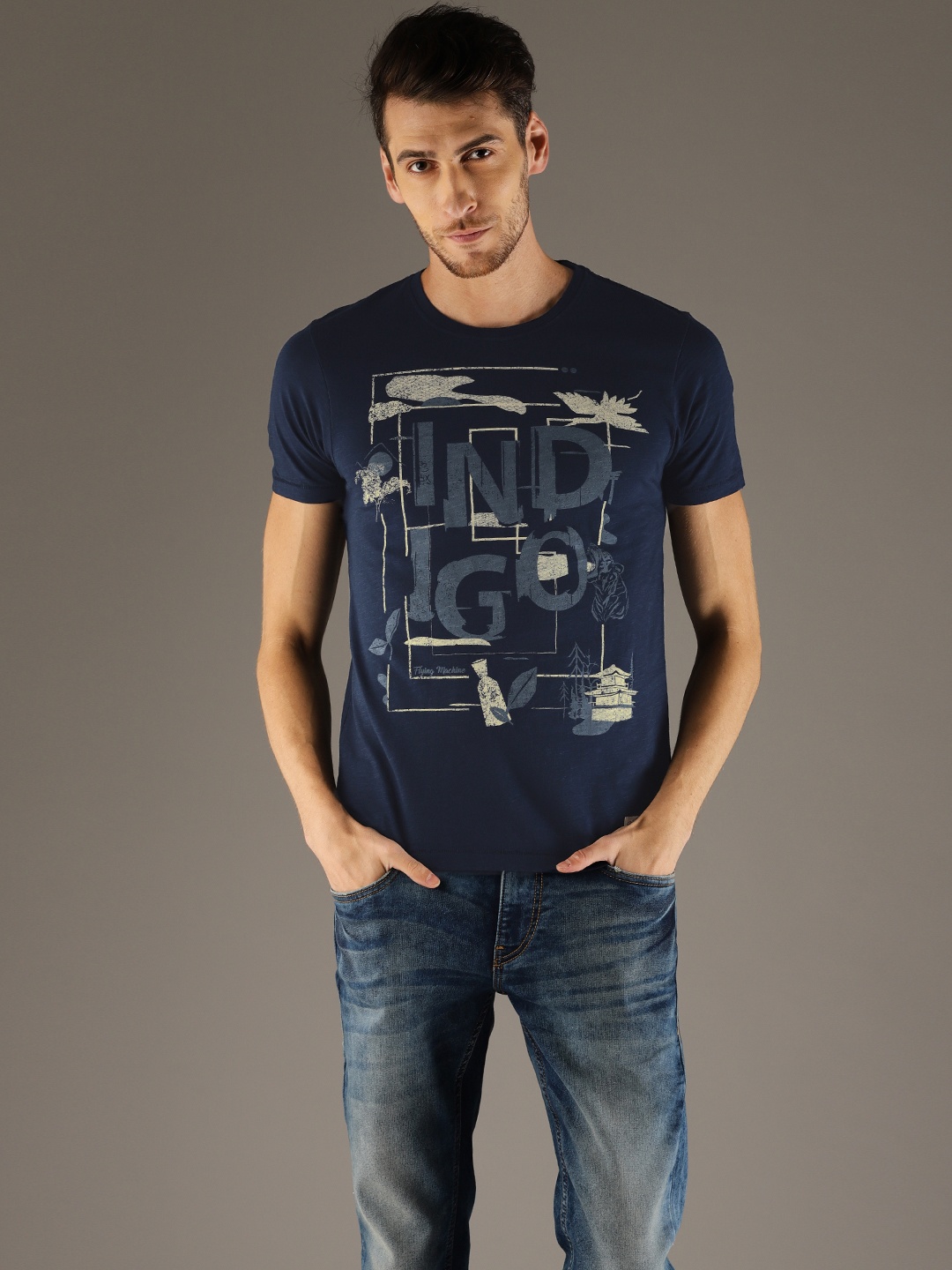 

Flying Machine Men Navy Blue Printed Round Neck T-shirt