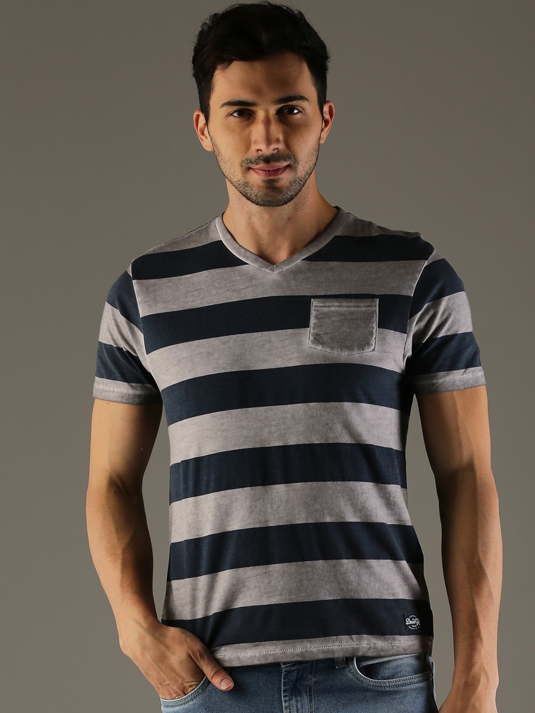 

Flying Machine Men Grey Striped V-Neck Pure Cotton T-shirt