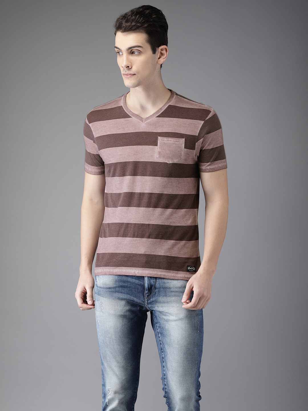 

Flying Machine Men Mauve Striped V-Neck T-shirt