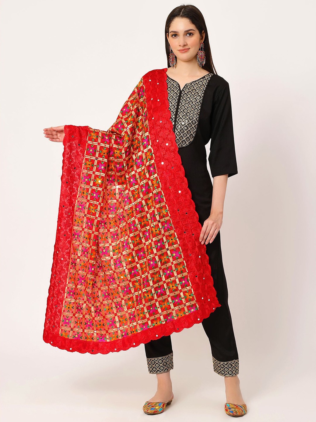 

Moda Chales Floral Embroidered Phulkari Dupatta, Red