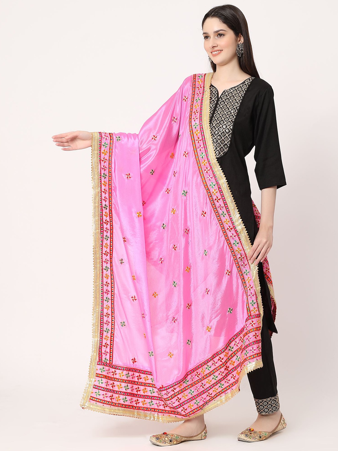 

Moda Chales Floral Phulkari Embroidered Chiffon Dupatta, Pink