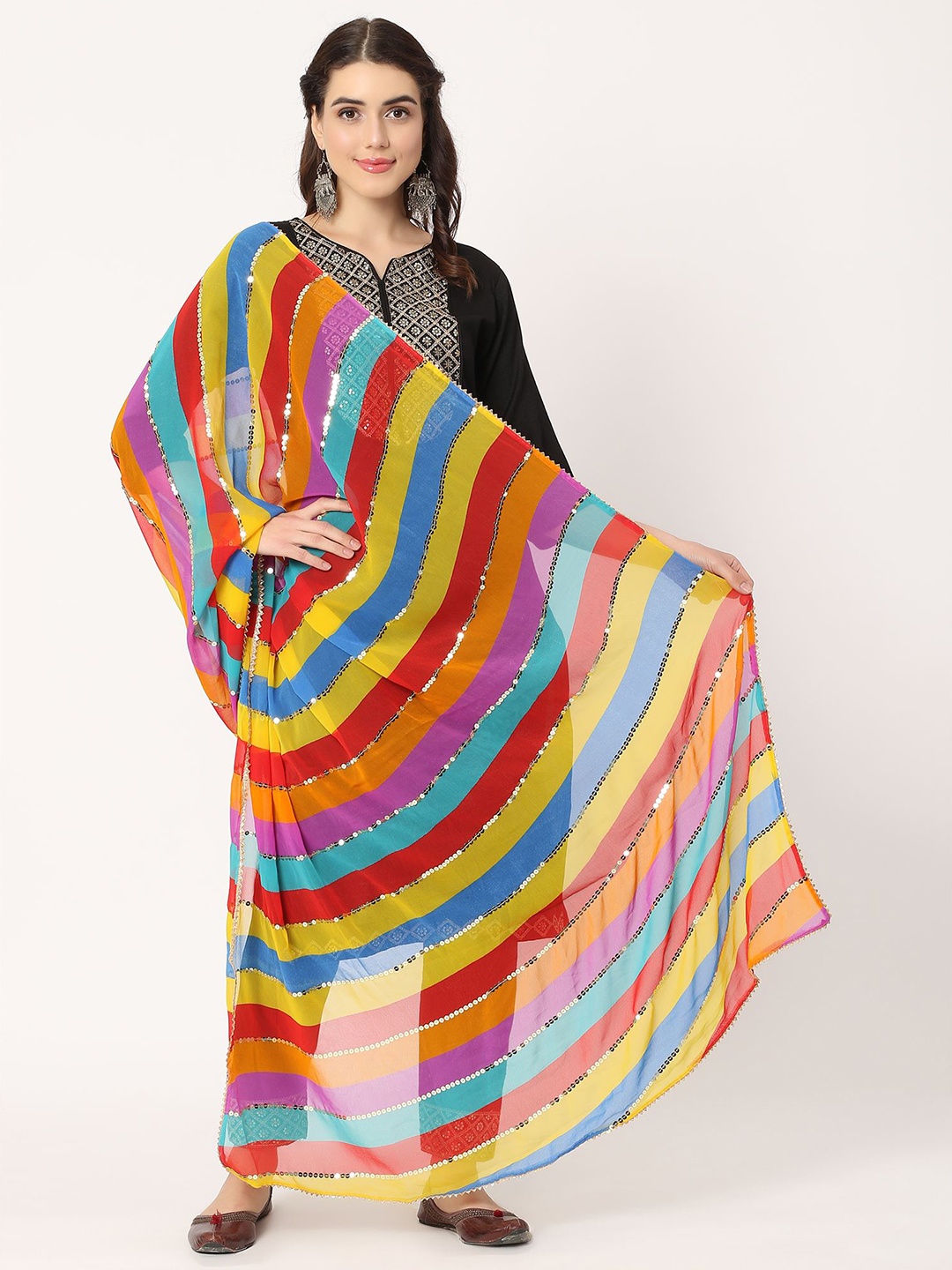 

Moda Chales Striped Chiffon Dupatta With Sequinned, Yellow