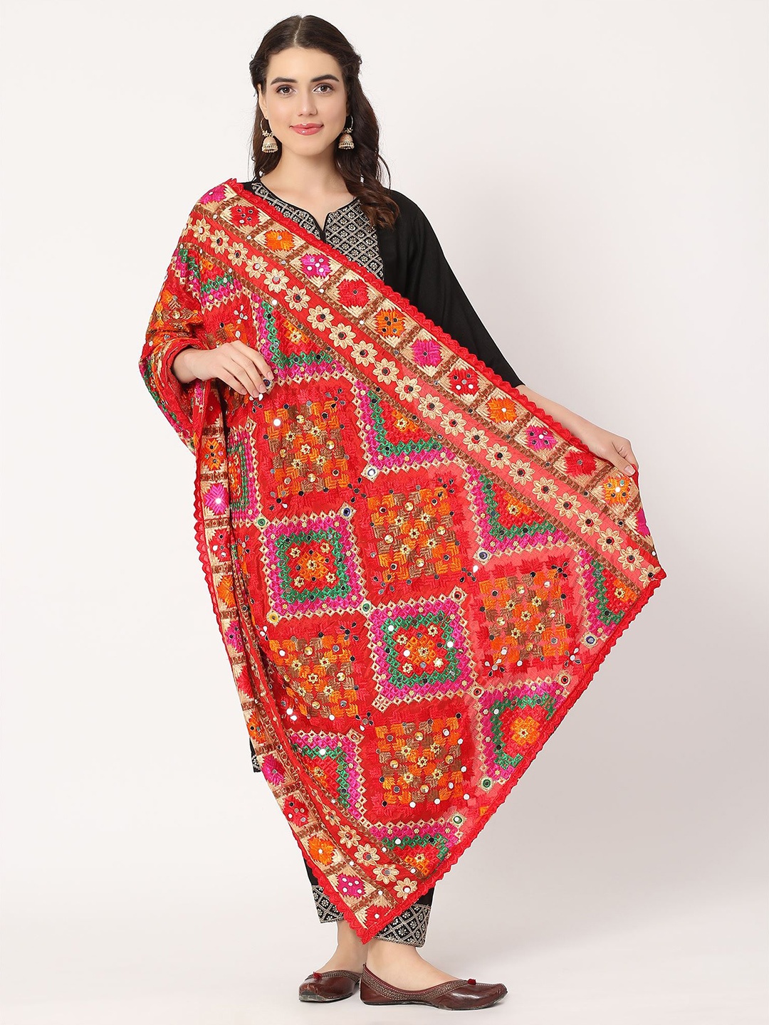 

Moda Chales Floral Embroidered Mirror Work Chiffon Dupatta With Phulkari, Red
