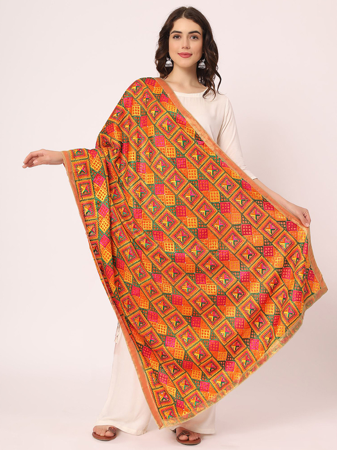 

Moda Chales Ethnic Motifs Embroidered Chiffon Dupatta With Phulkari, Orange
