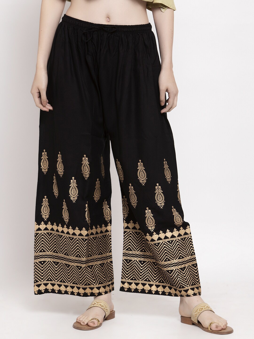 

Trend Level Ethnic Motifs Printed Flared Palazzos, Black