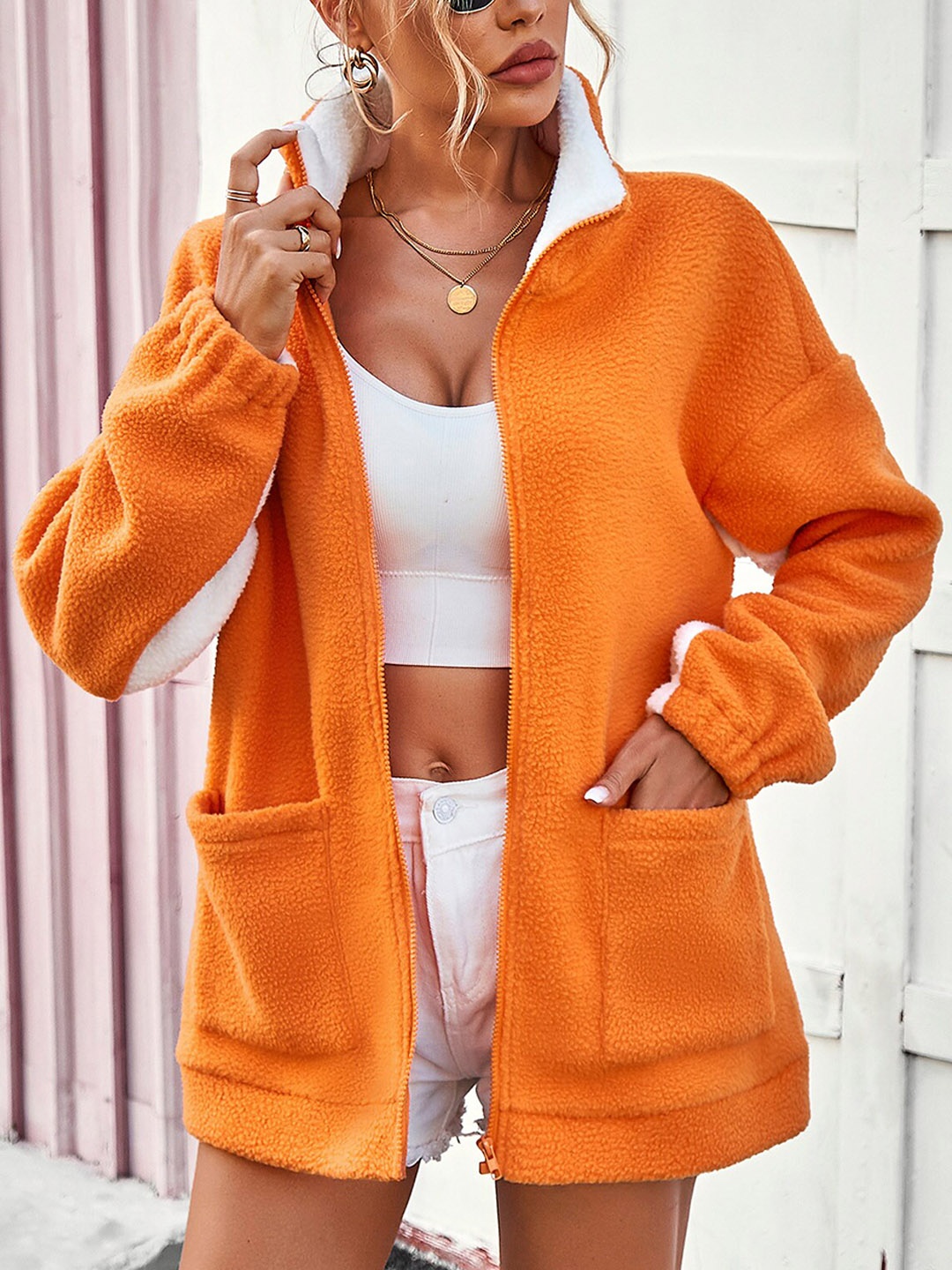 

StyleCast Orange Mock Collar Longline Bomber Jacket