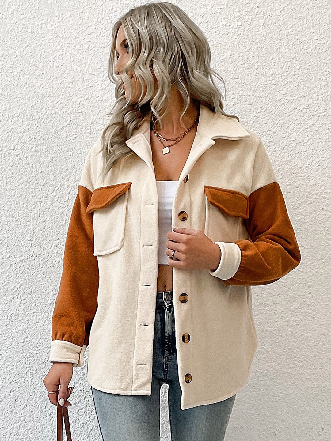 

StyleCast Beige & Brown Colourblocked Spread Collar Longline Tailored Jacket