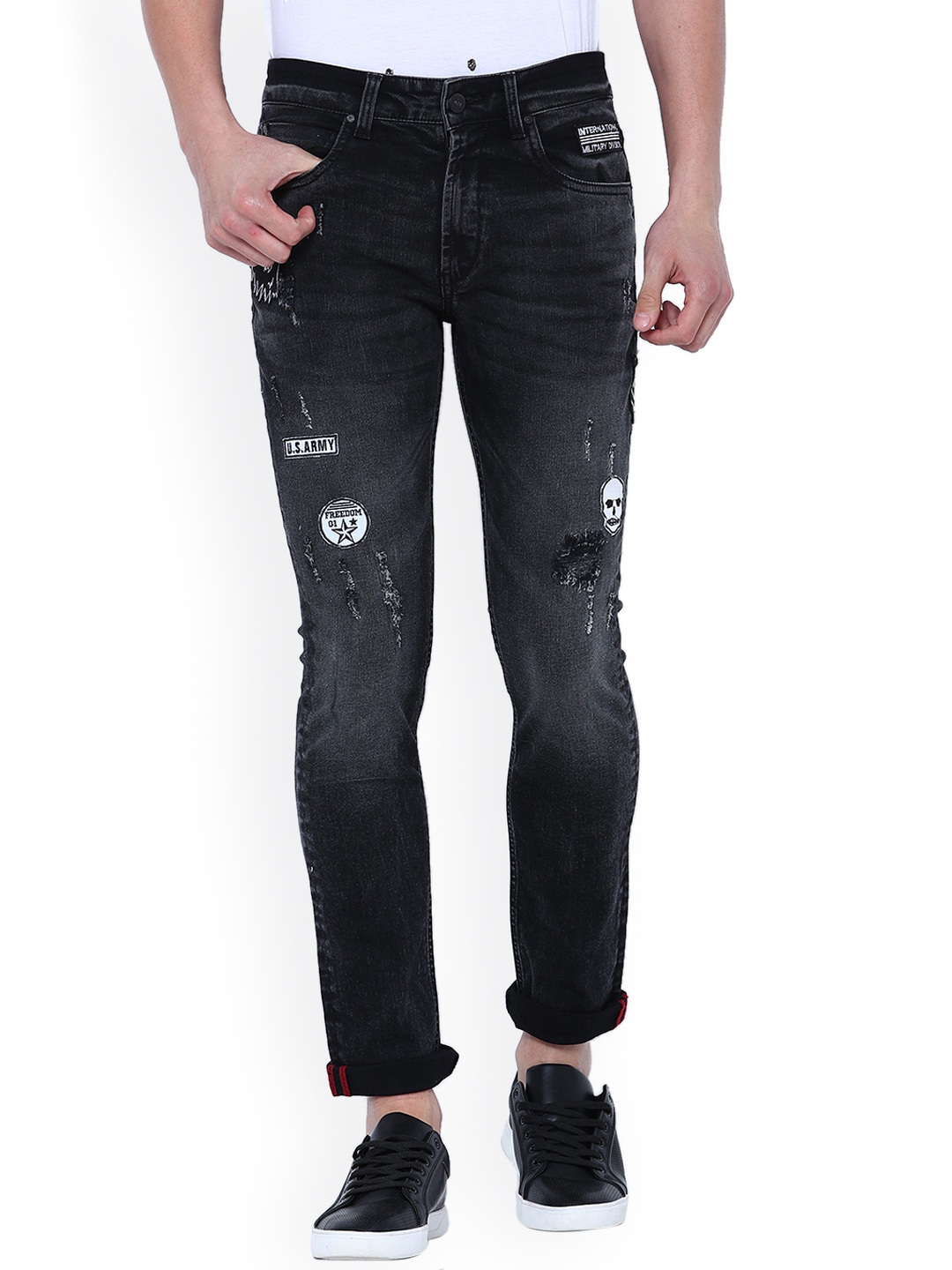 

LOCOMOTIVE Men Black Slim Fit Mid-Rise Low Distress Stretchable Jeans