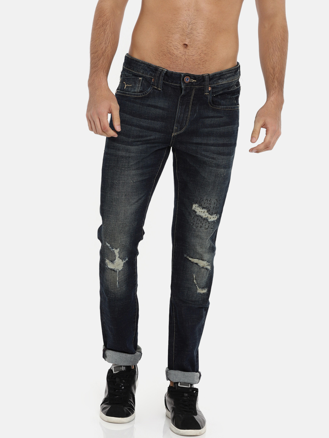 

Flying Machine Men Blue Tapered Fit High-Rise Mildly Distressed Stretchable Jeans