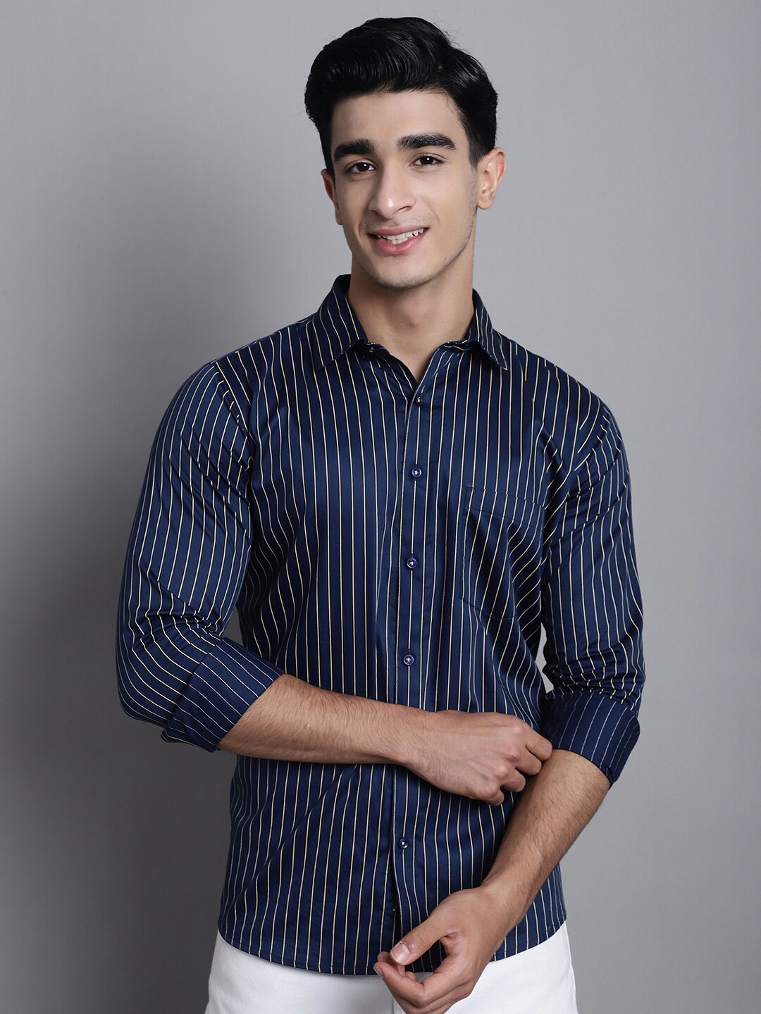 

Armaan Ethnic Striped Original Cotton Satin Casual Shirt, Navy blue