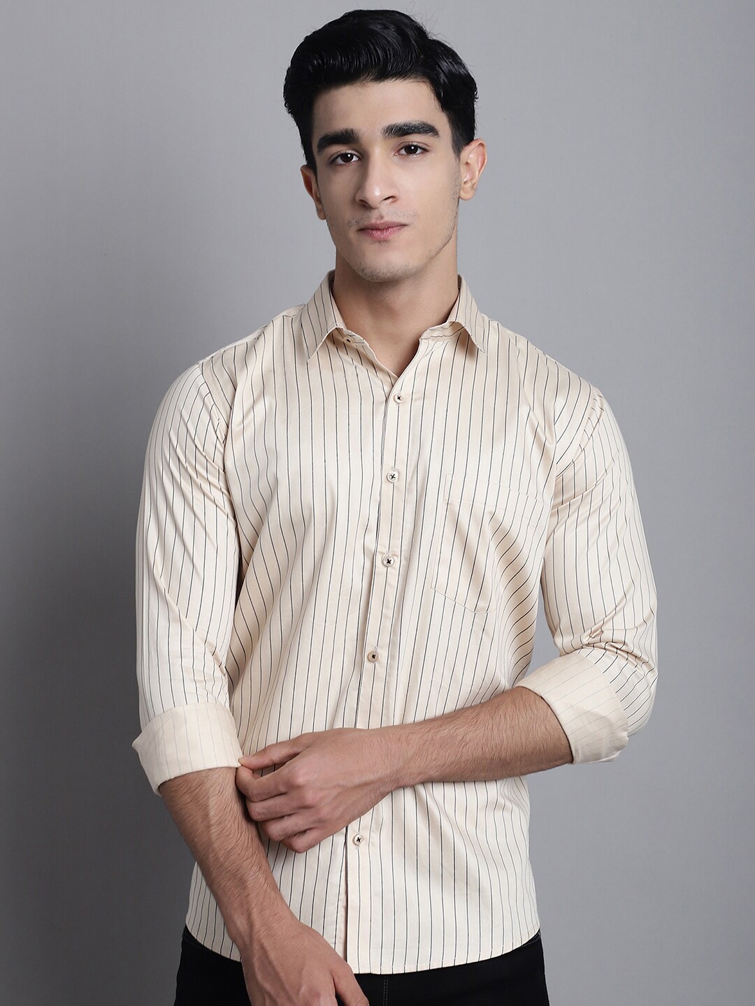 

Armaan Ethnic Striped Original Cotton Satin Casual Shirt, Beige