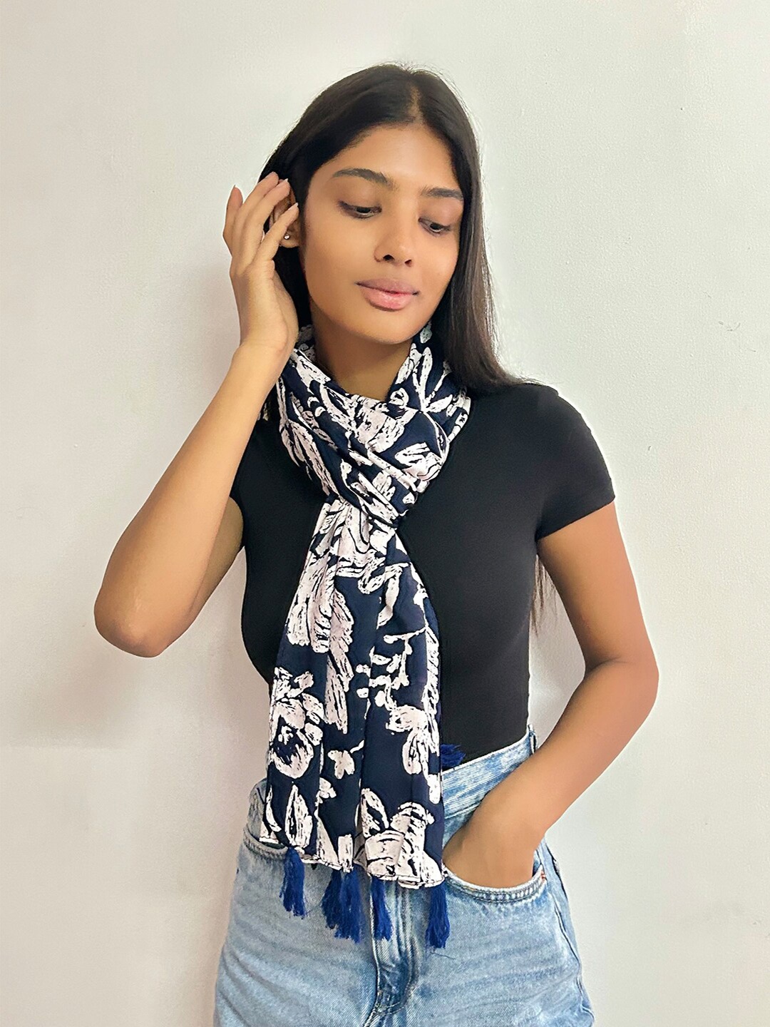 

Ayesha Women Floral Printed Modal Tassel Scarf, Navy blue