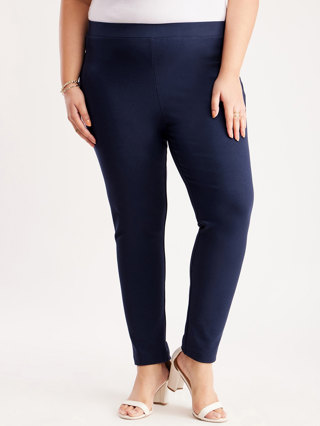 

FableStreet X Women Plus Size Relaxed Skinny Fit Trousers, Navy blue