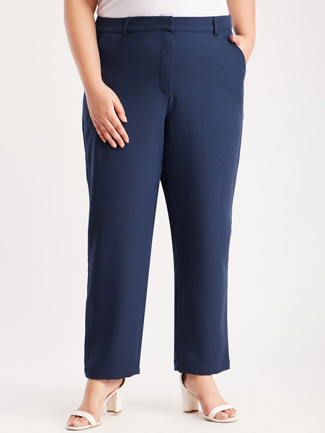 

FableStreet X Women Plus Size Relaxed Straight Fit Trousers, Navy blue