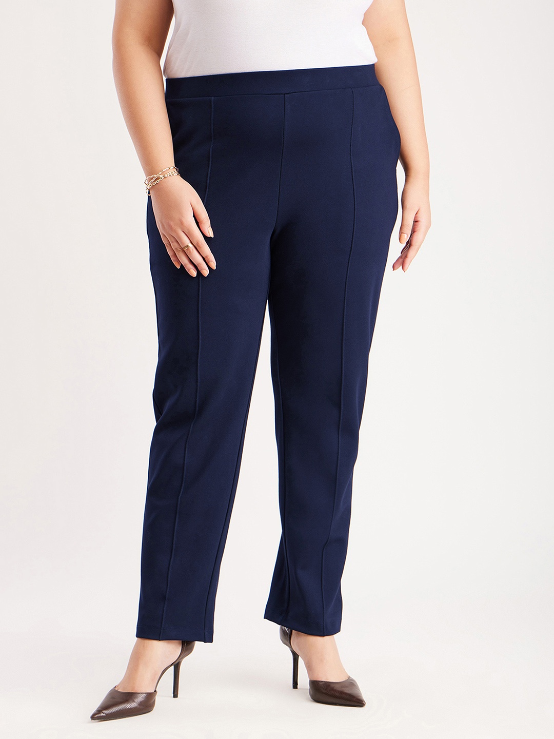

FableStreet X Women Plus Size Relaxed Straight Fit Trousers, Navy blue