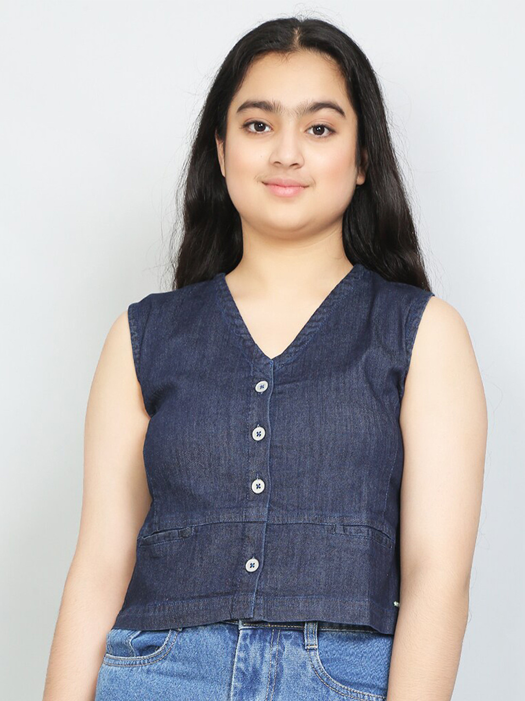

VYN Girls V-Neck Denim Shirt Style Crop Top, Blue
