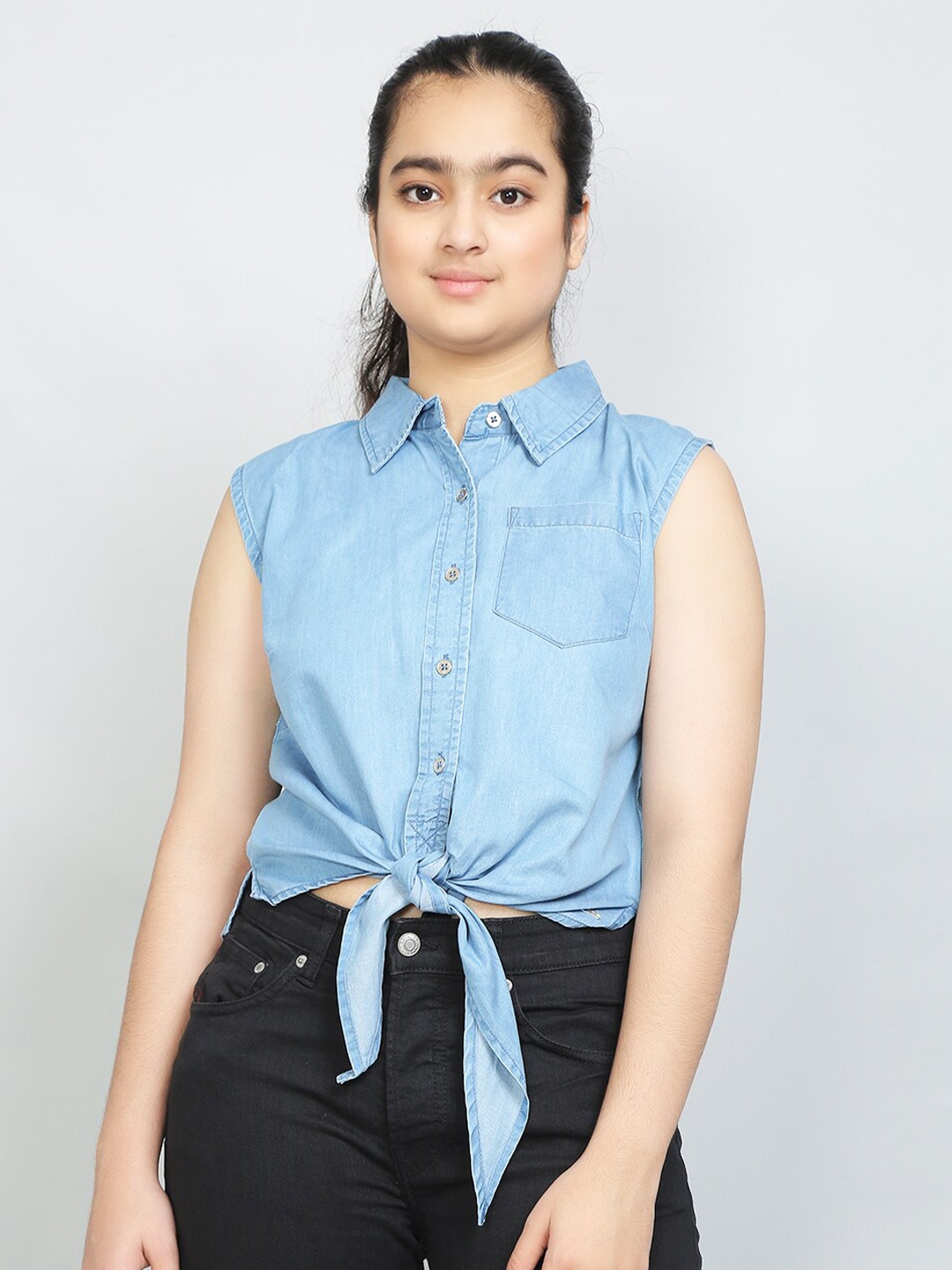 

VYN Girls Shirt Collar Sleeveless Waist Tie-Ups Denim Cotton Shirt Style Top, Blue