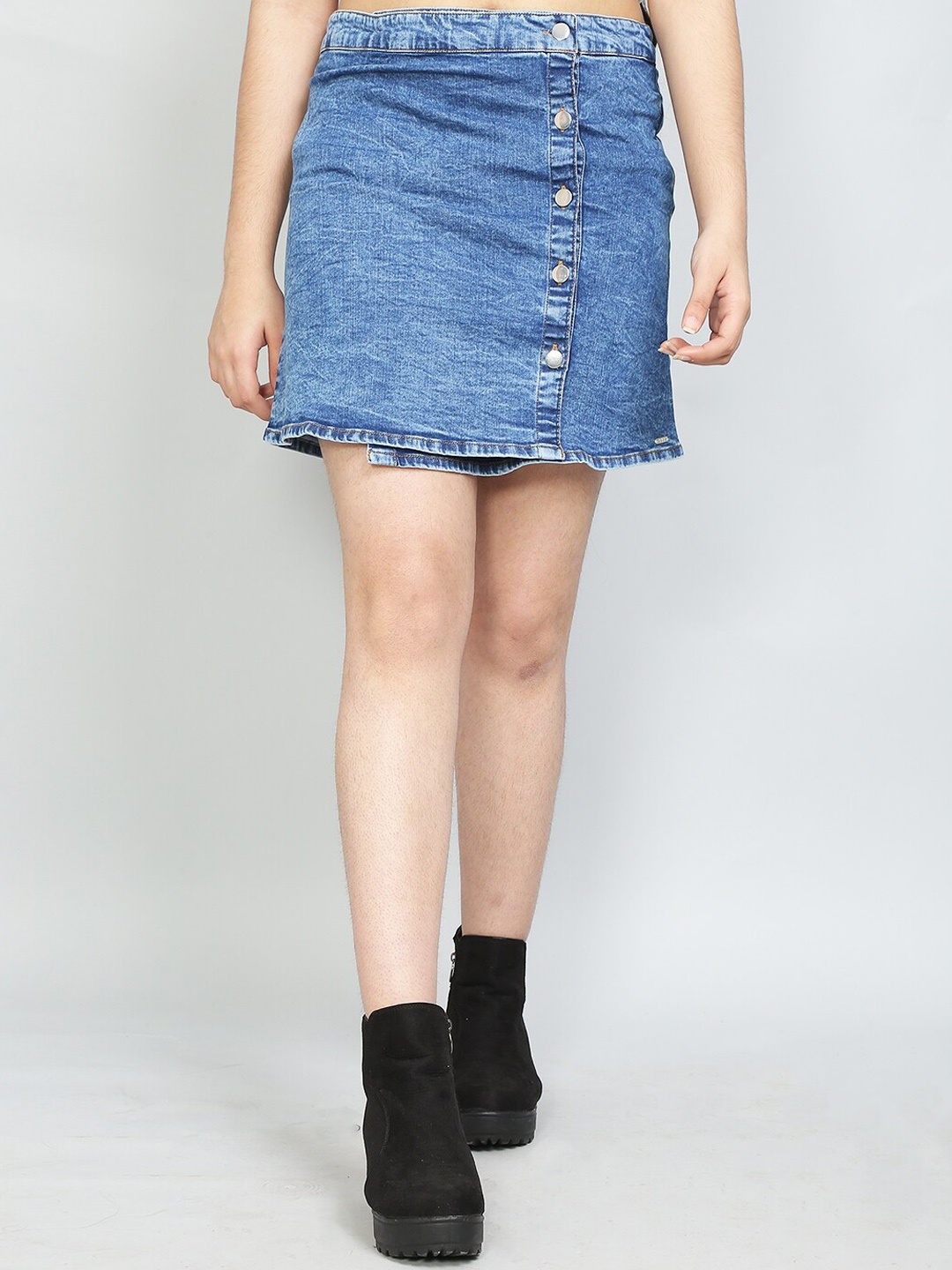 

VYN Girls Washed Pure Cotton Straight Mini Denim Skirt, Blue