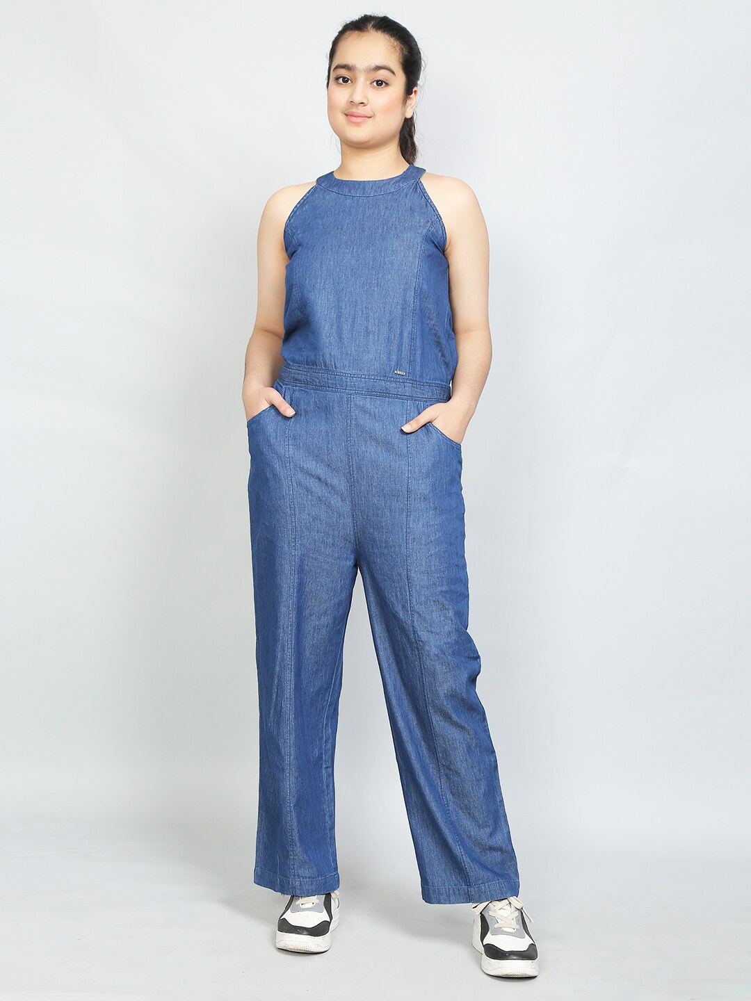 

VYN Girls Halter Neck Sleeveless Cotton Basic Jumpsuit, Blue
